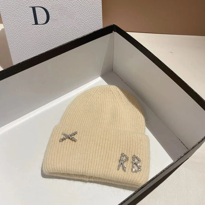 New Real fashion rabbit hair diamond letter hat Women's Winter warm knit hat Designer women's casual hat ski hat