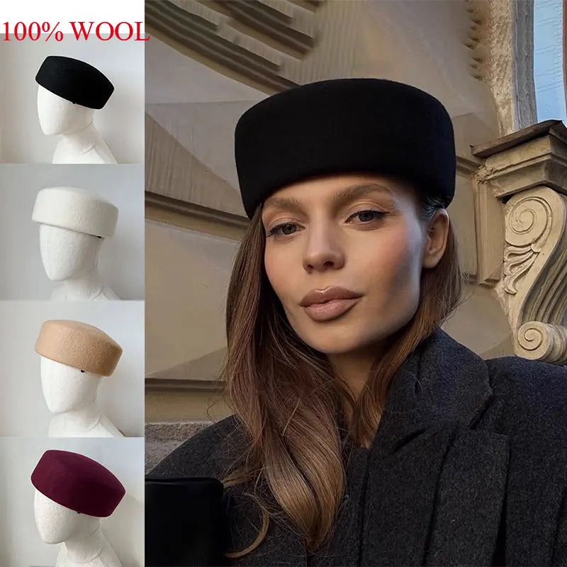 2025 Women's Hard Top Wool Beret Hat White Black Khaki Wool Felt Newsboy Hat Fashion Retro Fascinating Hostess Formal Designer