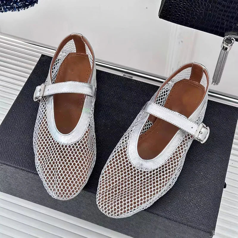 Fashion women mesh ballet falts round toe buckle strap pumps