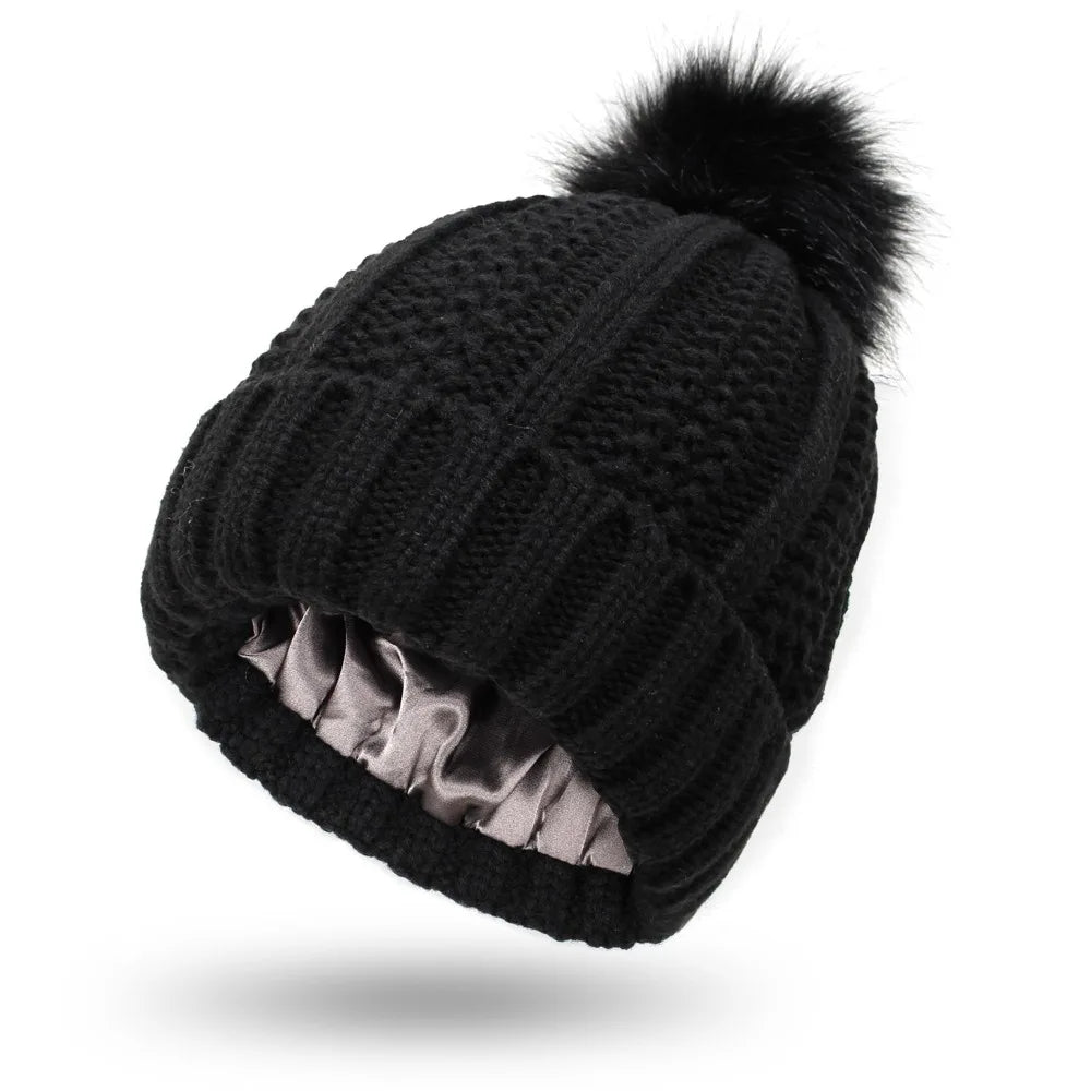 Satin Lined Winter Hat Beanie For Women Men, Knitted Wool Crochet Cap With Fashion Fur Ball Pompom Winter Stretchy Warm Hat