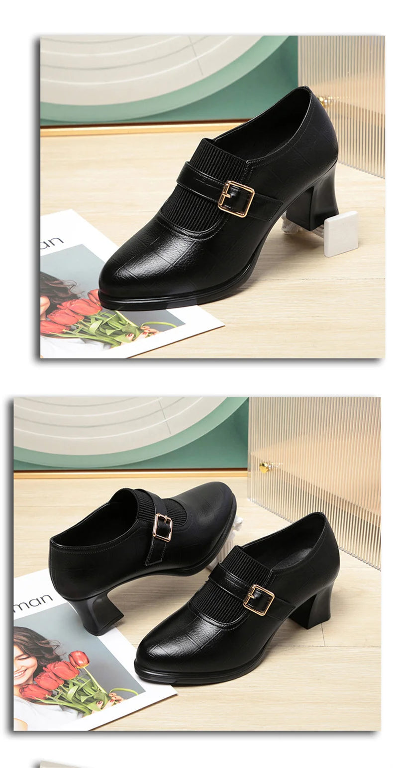 Autumn Fashion Comfort Deep Mouth Soft Leather Shoes Women Pumps 2024 Spring Block Heels Shoes for Office Mom Model Daily