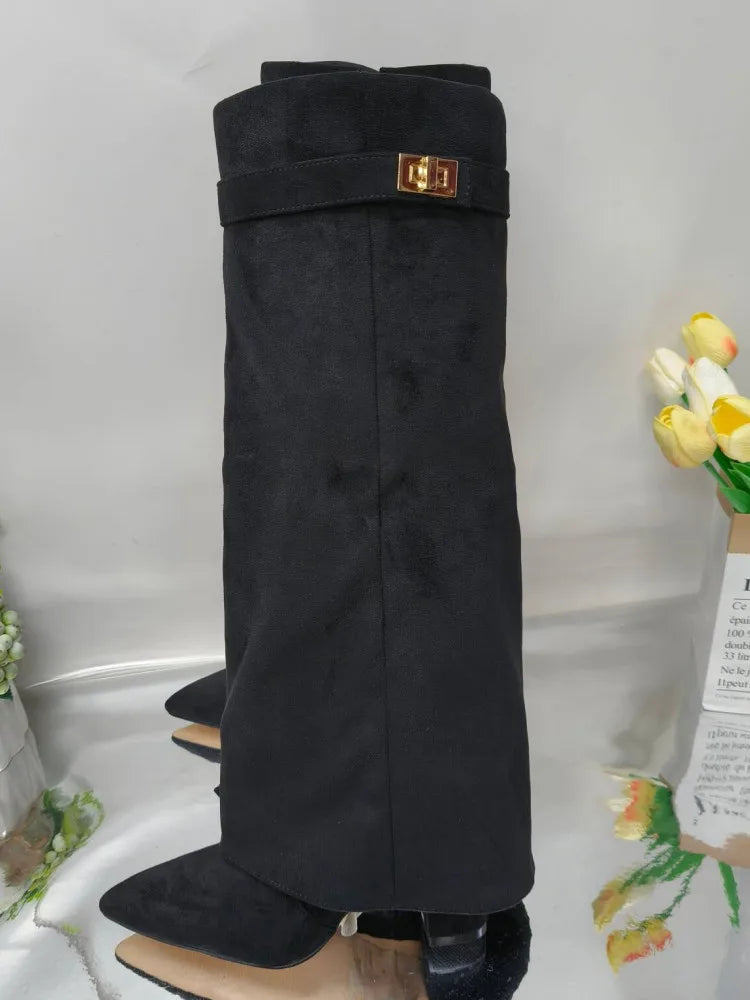 Autumn Winter New Pointed Metal Buckle Knee High Women's Boots, Thick High-heeled Pants Boots, Fashionable Mid Leg Boots