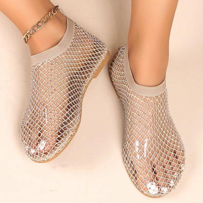 New Women's Luxury Brand Round Toe Flat Bottom Sandals Summer Hollow Short Boots Water Diamond Sexy Flat Bottom Shoes Sandals