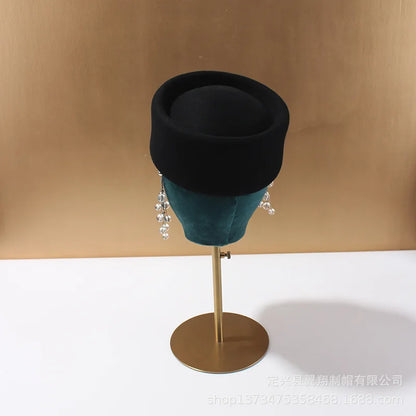 Women Wool Felt Berets Hat Vintage Hard Top Concave Top Fedoras Hats Wedding Fascinator Hats Wedding Cocktail Party Pillbox Cap