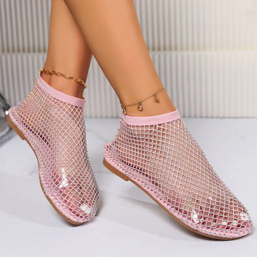 New Women's Luxury Brand Round Toe Flat Bottom Sandals Summer Hollow Short Boots Water Diamond Sexy Flat Bottom Shoes Sandals