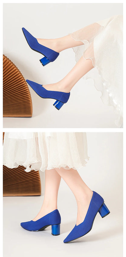 Women's high heels, pointed knit breathable and comfortable shoes (5cm high), new for autumn 2024