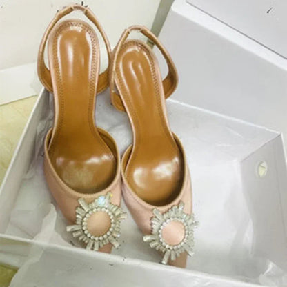 2026 Spring Autumn EU US Satin Slingback Women Sandals Pointed Flared Heels Sun Rhinestone Crystal Wedding Party Dress Heels