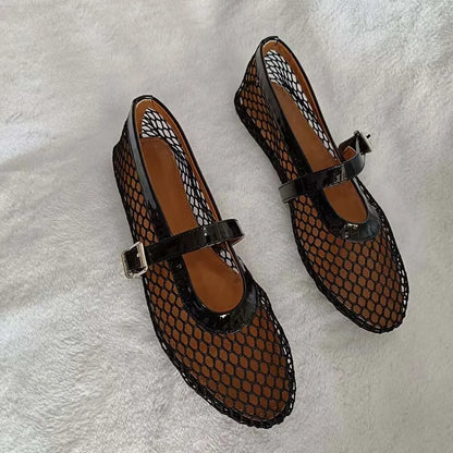 Fashion women mesh ballet falts round toe buckle strap pumps