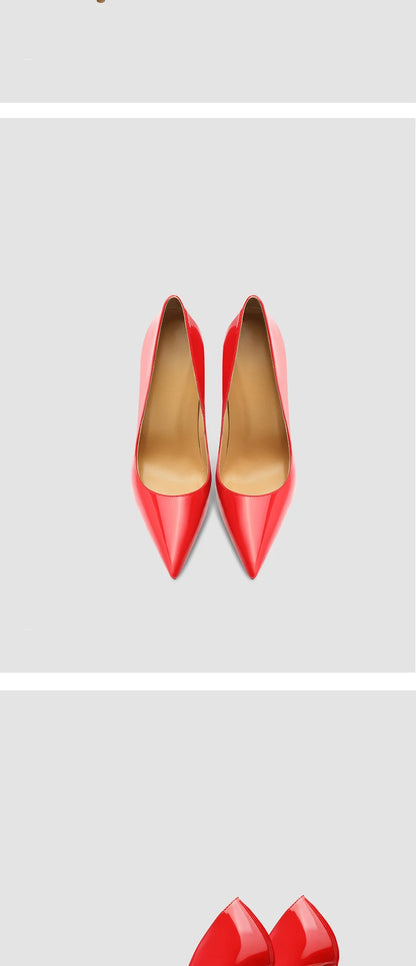 Red pointed high-heeled shoes for women 2025, new slim heel patent leather French sexy plus size black professional single shoes