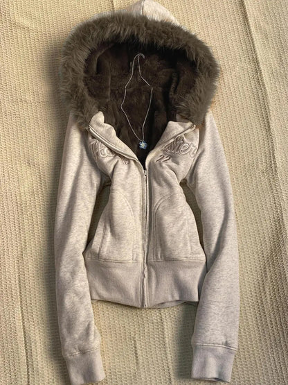 Y2k Aesthetic Vintage Fur Patchwork Hoodies Autumn Grunge Letter Embroidery Hoody Streetwear Cropped Zipper Sweatshirt Jackets