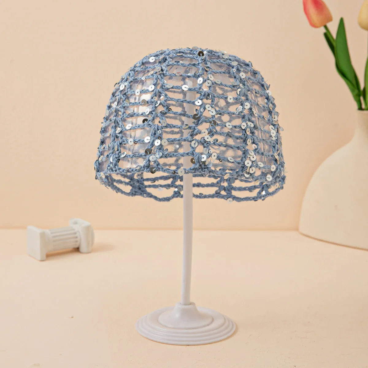 2026 New Korean Version Y2K Sequined Hollow Pullover Hat Women Summer Fishnet Knitted Hood Shiny Beanie Seaside Crochet Hat