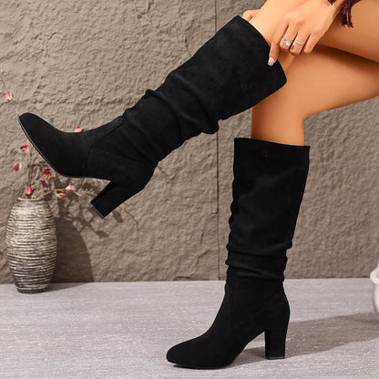 2025 Autumn and Winter New Pointed High-heeled Short Boots, Thick Heels, Small Stature, Versatile Fashion Boots with Temperament