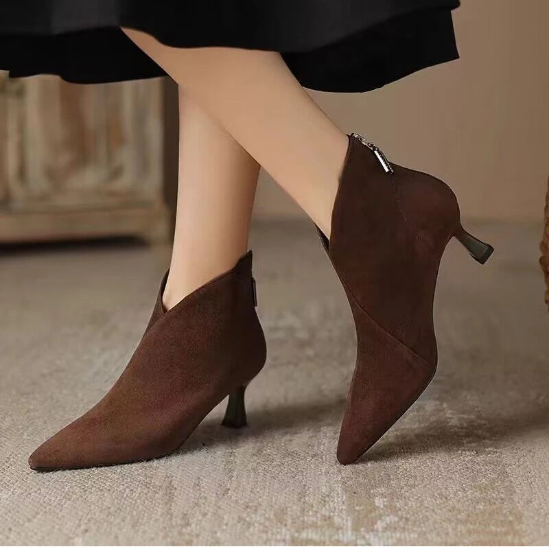 Vintage Pointed Toe Women Ankle Boots Fashion Elegant Back Zippers Short Booties Autumn Winter Ladies Concise High Heels Shoes