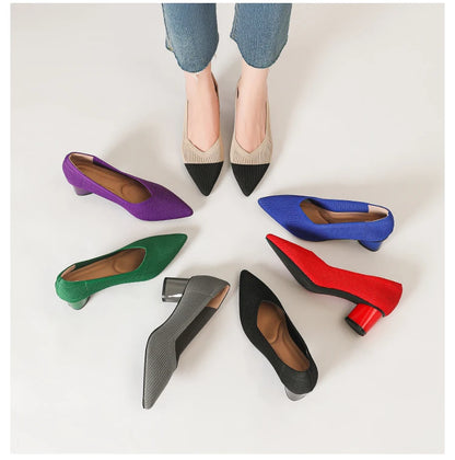 Women's high heels, pointed knit breathable and comfortable shoes (5cm high), new for autumn 2024