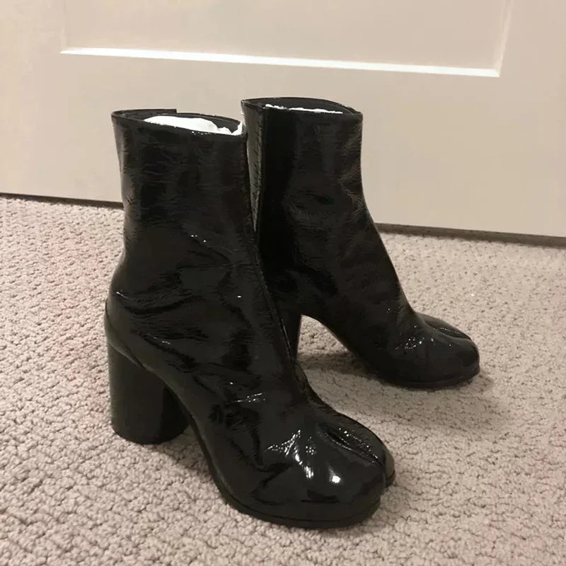 Luxury Brand Design Leather Tabi Boots Fashion Round Chunky High Heel Ankle Boots For Women Autumn Winter Split Toe Shoes