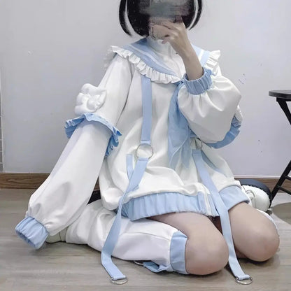 Japanese Y2k Aesthetic Ruffl Zipper Sweatshirt Kawaii Hoodies Women Wings Patch Salior Collar Grunge Loose Hoody Top Leg Warmer