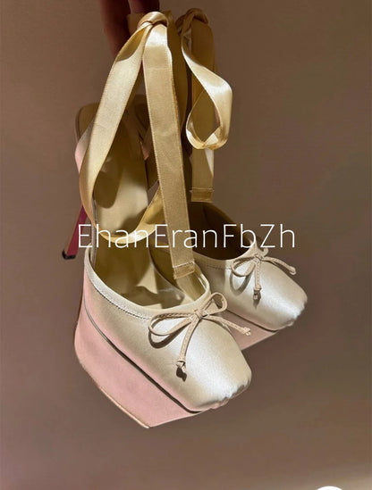 European and American Summer Women's Thick Bottom Stiletto Sandals Square Headband Butterfly Wedding Party Ballet High Heels