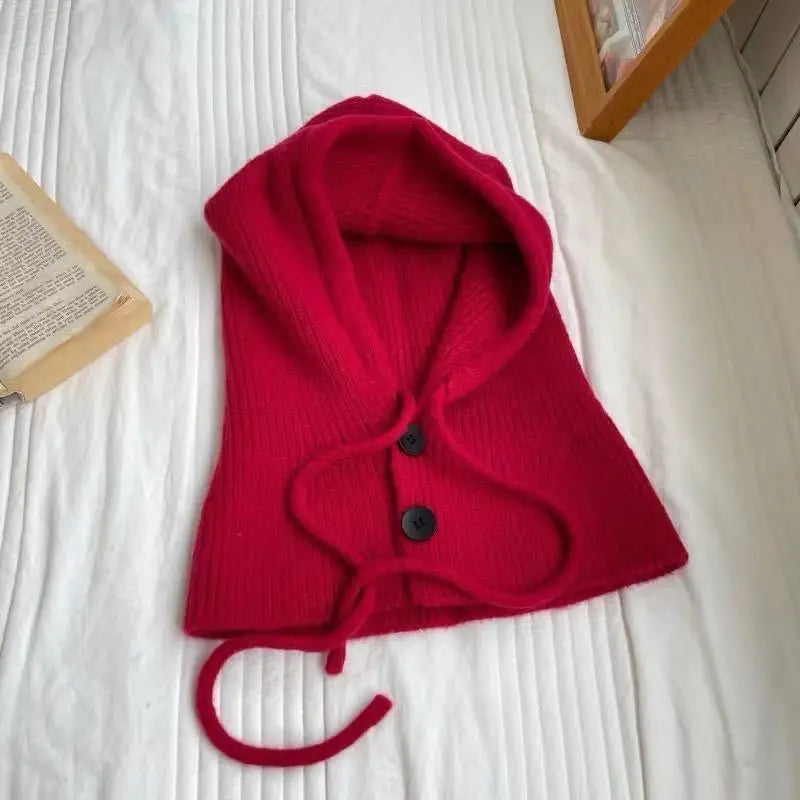 Knitted Hooded Caps Winter Balaclava Hats Women Korean Style Outdoor Warmer Drawstring Hats One-piece Neck Collar Beanies Cap