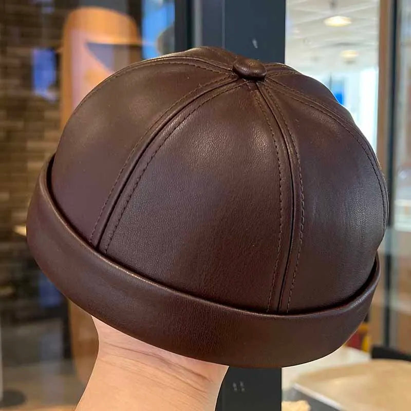 Spring and summer vintage leather landlord hat with adjustable hip hop and brimless melon skin hat suitable for men and women