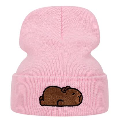 Cute capybara Capybara embroidered knitted cap, warm woolen cap for autumn and winter outdoor sports events