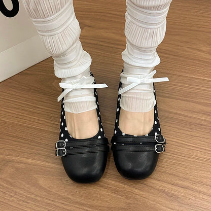 Polka Dot Women Ballet Flats Comfortable Round Toe Slip On Shoes 2026 New Spring Autumn Vintage Ladies Dress Mary Jane Shoes