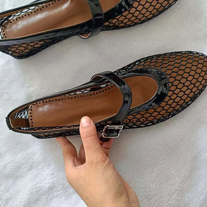 Fashion women mesh ballet falts round toe buckle strap pumps