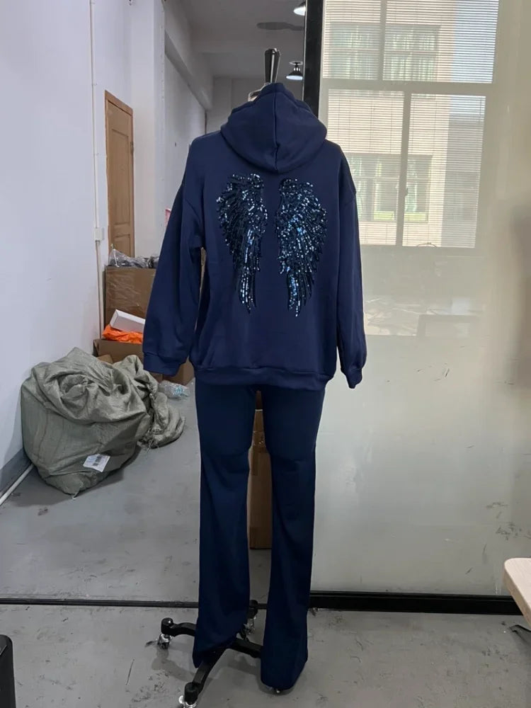 Women Fashion Sequin Angel Wings Printed Hoodies Casual Long Sleeved Hooded Solid Color Tops 2025 New High Street Y2k Outwear