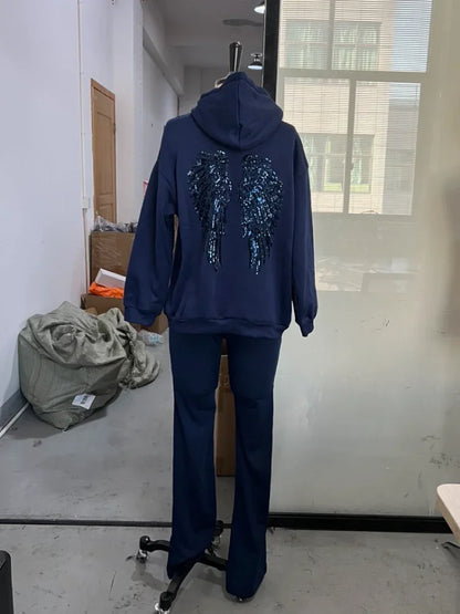 Women Fashion Sequin Angel Wings Printed Hoodies Casual Long Sleeved Hooded Solid Color Tops 2025 New High Street Y2k Outwear