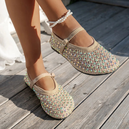 Women's Mary Jane Flats 2026 Spring Autumn Fashionable Women's Shoes Breathable Mesh Rhinestone Decorated Large Size Mesh Shoes