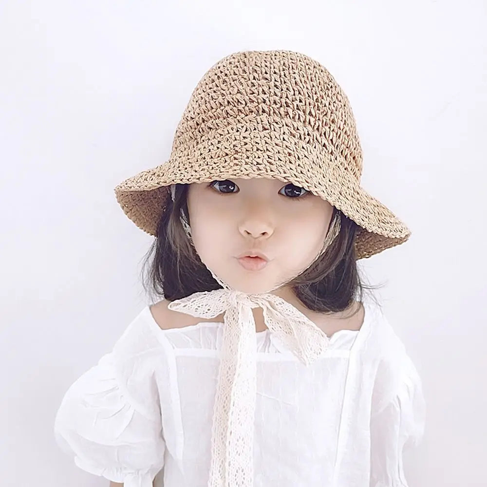 Fashion Lace Baby Hat Summer Straw Bow Baby Girl Cap Beach Children Panama Hat Princess Baby Hats and Caps for Kids 1PC