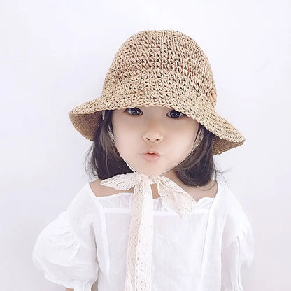 Fashion Lace Baby Hat Summer Straw Bow Baby Girl Cap Beach Children Panama Hat Princess Baby Hats and Caps for Kids 1PC