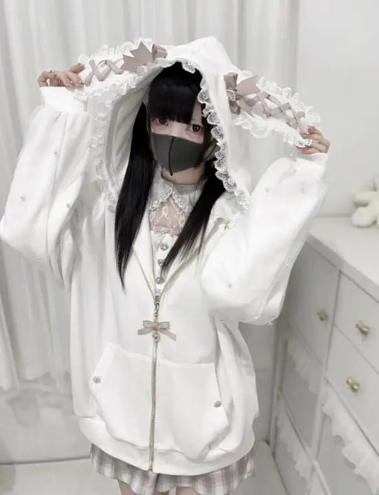 Japanese Pearl Gauze Patchwork Coats Women Y2k Aesthetic Lace Rabbit's Ears Jackets Casual Oversized Harajuku Kawaii Hoodies Top