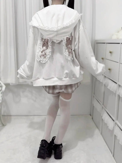 Japanese Pearl Gauze Patchwork Coats Women Y2k Aesthetic Lace Rabbit's Ears Jackets Casual Oversized Harajuku Kawaii Hoodies Top