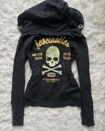 Y2K Retro Zipper Hoodies Women Harajuku Sexy Slim Fit Sweatshirt Autumn Skull Graphic Embroidery Hooded Jacket Gothic Clothing