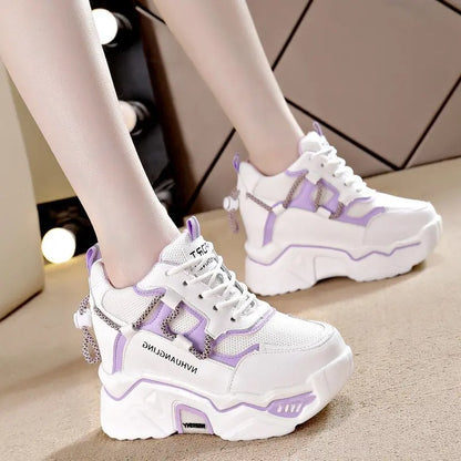 Trendy Interior Height Increasing Vulcanized Women's Shoes 2024 Autumn Style Simple Casual Sports High Heels Women's Dad Shoes