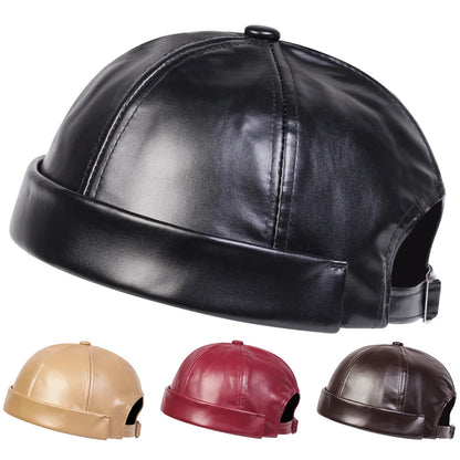 Spring and summer vintage leather landlord hat with adjustable hip hop and brimless melon skin hat suitable for men and women