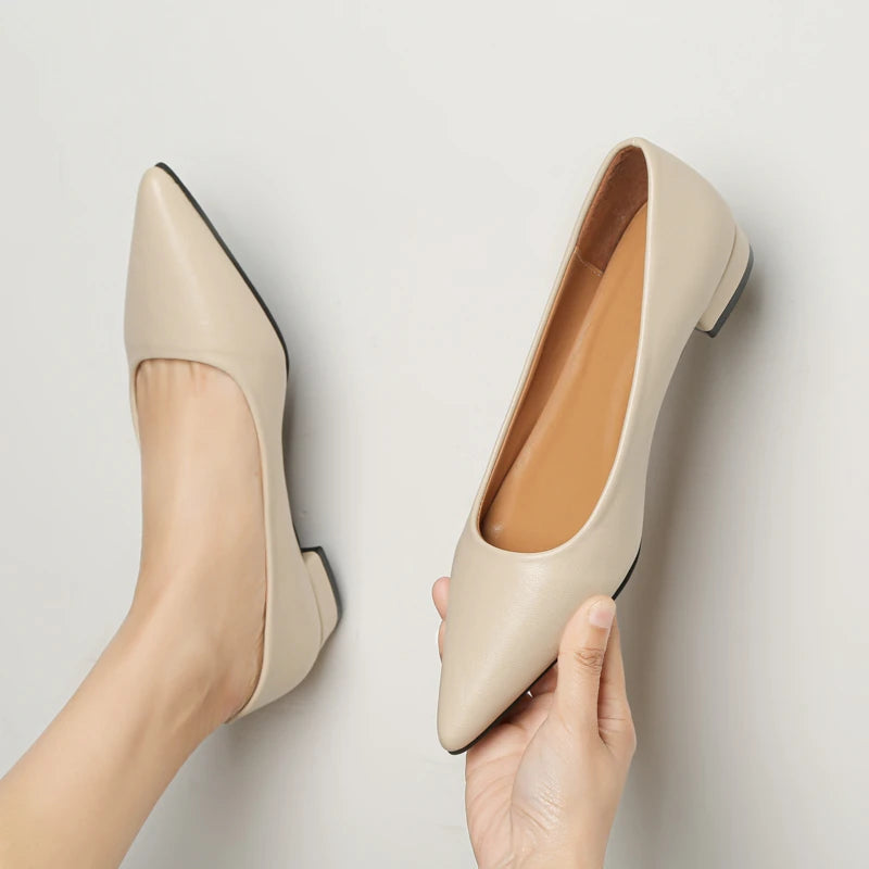 New Pointed Toe Shallow Mouth Square Heel Small Leather Shoes Women's Elegant Fashion High Heels Dress Shoes Zapatos Mujer