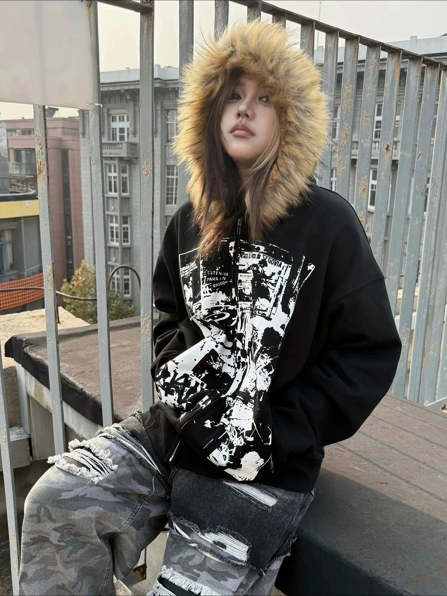Gohic Vintage Sweatshirts Women's Jackets White Print Tunic Hooded Y2k Coat Streetwear Fashion Casual Hoodies Tops Ropa Mujer