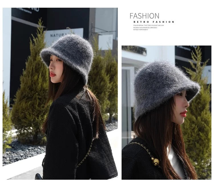 Good Angola Long Rabbit Fur Fisherman Bucket Hat Winter Fashion Soft Warm Wool Basin Cap Foldable Women Gift
