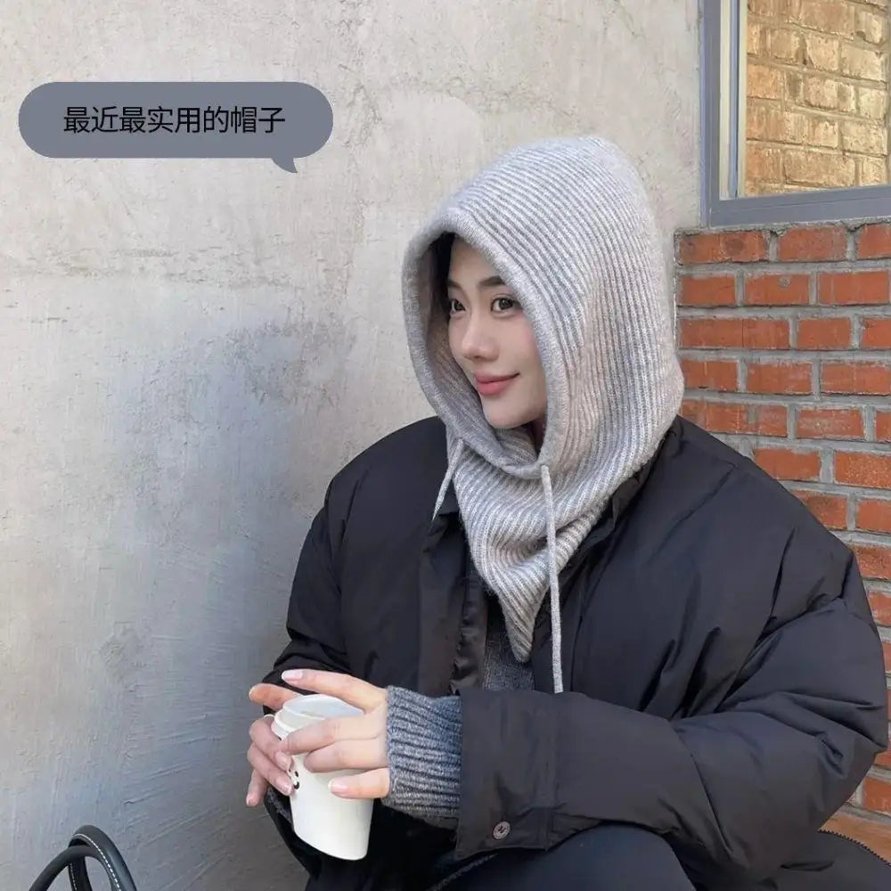 Knitted Soft Women Balaclava Hat Fashion Fake Collar Hooded Hat Neck Collar Warmer Beanies Cap Ear Protection Bonnet Hooded Caps