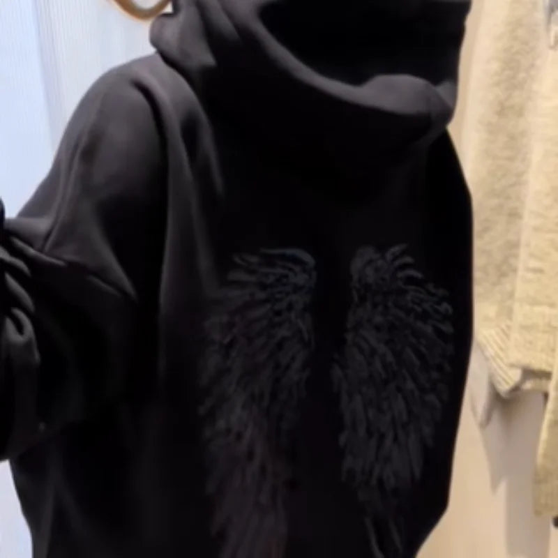 Women Fashion Sequin Angel Wings Printed Hoodies Casual Long Sleeved Hooded Solid Color Tops 2025 New High Street Y2k Outwear