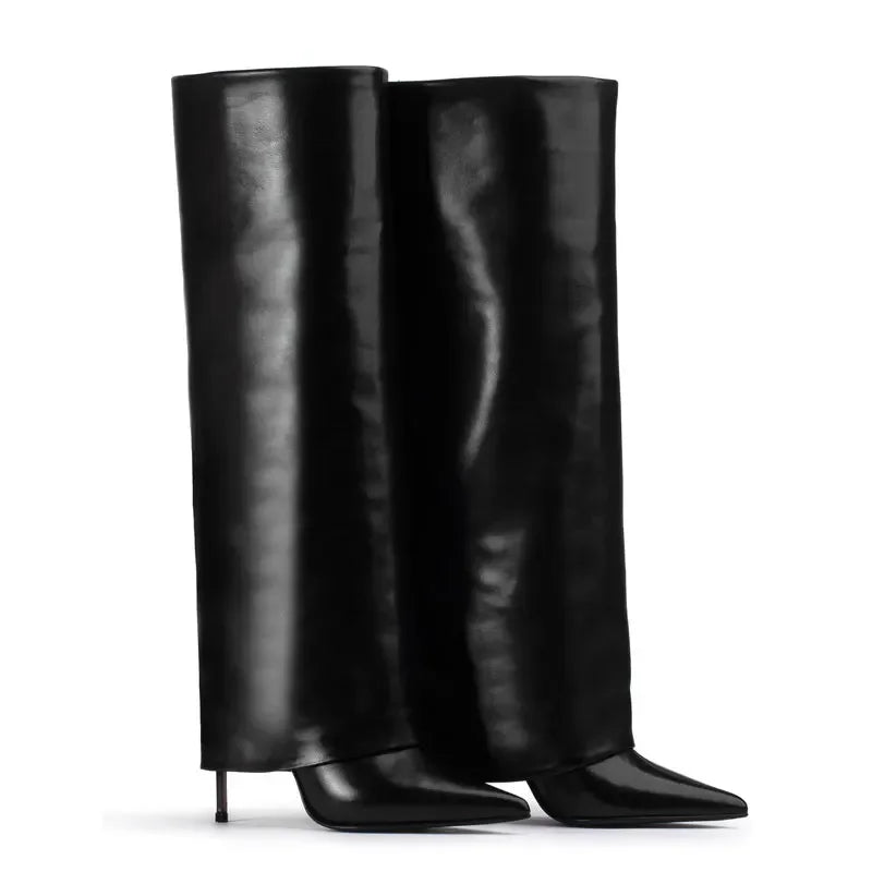 Autumn and Winter New Women's Knee High Leather Boots, Pointed Thin High-heeled Skirt Boots, Black Plus Size Long Boots