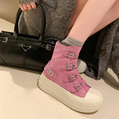 2024 Spring and Autumn New Thick soled Short tube Canvas Boots French Casual Breathable Buckle Fashion Women's Single Shoes
