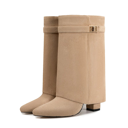 Autumn Winter New Pointed Metal Buckle Knee High Women's Boots, Thick High-heeled Pants Boots, Fashionable Mid Leg Boots