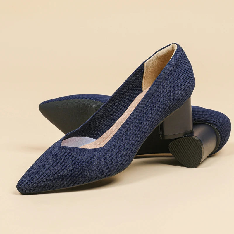 Women's high heels, pointed knit breathable and comfortable shoes (5cm high), new for autumn 2024