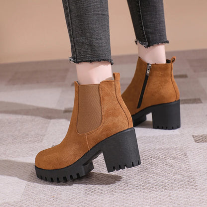 2024 Women Designer Elegant Platform Round Toe Zipper Ankle Boots Women Autumn Winter Comfy Platform Short Boots Shoes for Women