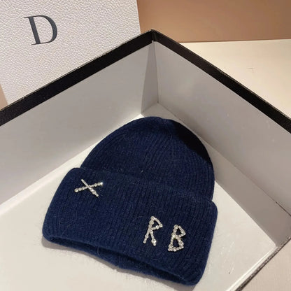 New Real fashion rabbit hair diamond letter hat Women's Winter warm knit hat Designer women's casual hat ski hat