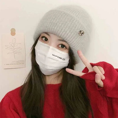 Women's Winter Hats Soft Knit Beanie Warm Rabbit Fur Cute Solid Color Slouchy Cap Casual Outdoor Fashion Solid Adult Cover Head