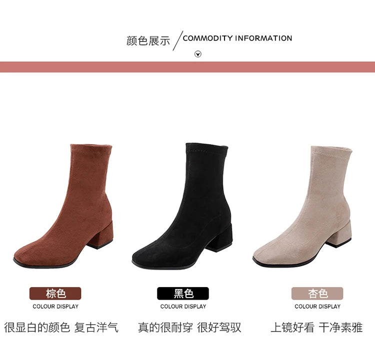 NASBAVI Woman Ankle Boots 2025 Autumn Winter Round Toe Low Heel Flock Black Comfortable Booties Lady Shoes Zapatos Mujer