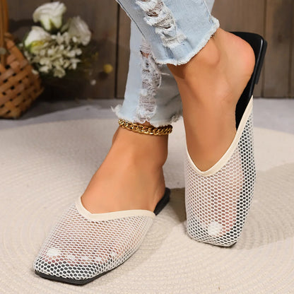 Summer Women Slippers Sexy Mesh Mules Indoor Home Slides Square Toe Female Flats Shoes Outdoor Clogs Beach Sandals Flip Flops